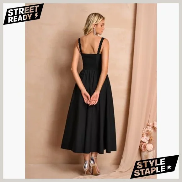Midi Dress with Pockets A-Line Lace Spaghetti Strap Formal Summer Sundress